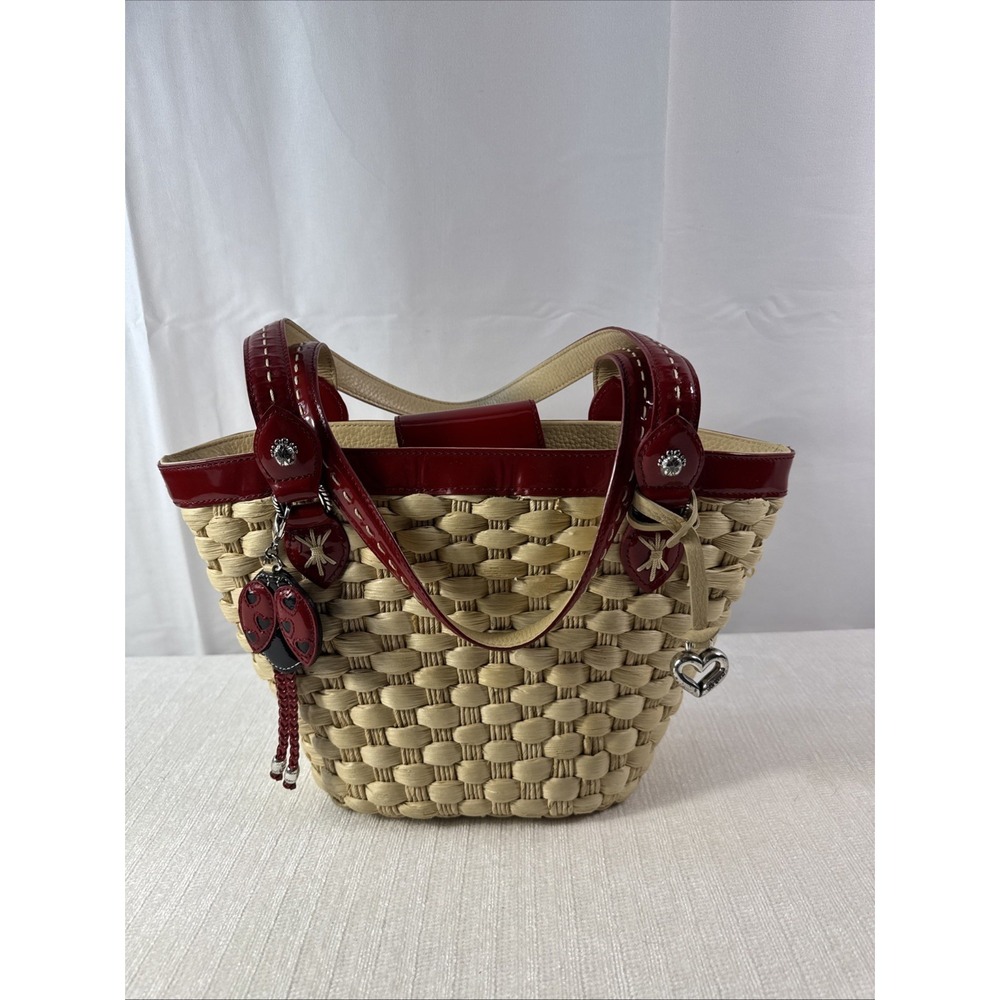 Brighton Candice Woven Straw Ladybug Tote Red Patent Leather Trim/ Ladybug Charm